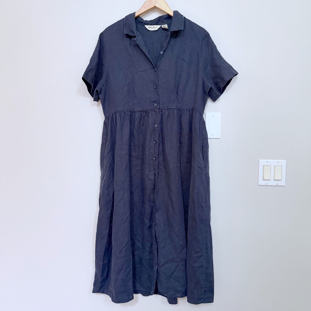 Vintage Eddie Bauer Womens 100% Linen Maxi Dress Button Front Navy Blue Petite L